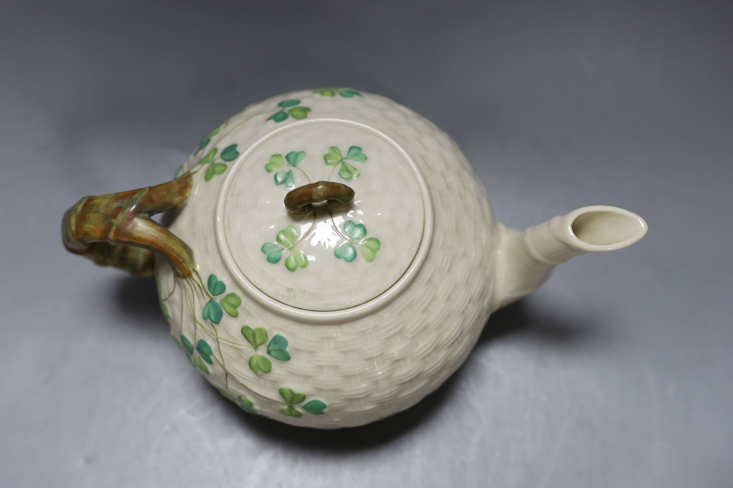 Matching Belleek sugar bowl milk jug and dish together with another Baleek cup and saucer and teapot (6)